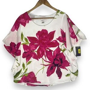 NEW Allison Daley Petite Floral Blouse Sheer Cold Shoulder Top White Pink 14P